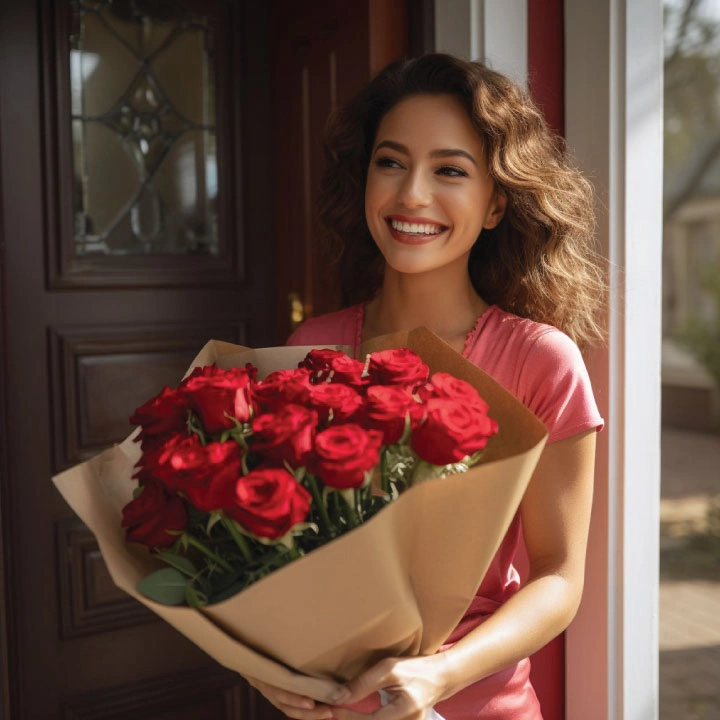 mujer con ramo de rosas rojas